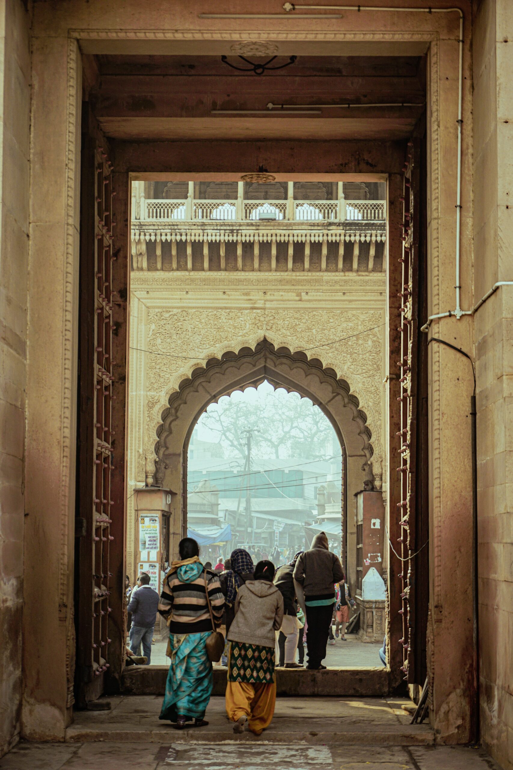 Sunlit temple courtyard in Vrindavan, India